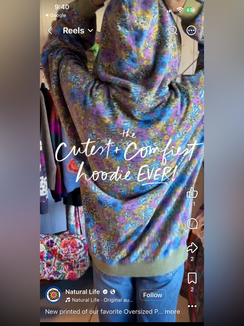 NATURAL LIFE Oversized Printed Hoodie Pullover Sweatshirt Daisy S/M - Picture 2 of 16